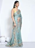 Beautiful Embroidered Organza Turquoise Contemporary Saree - 2