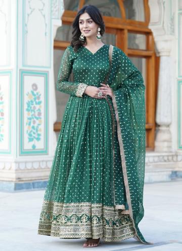 Beautiful Green Nylon Embroidered Gown for Ceremonial