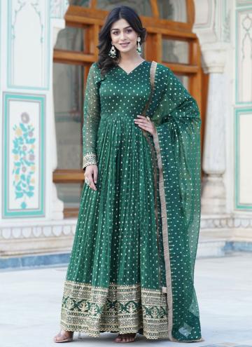 Beautiful Green Nylon Embroidered Gown for Ceremonial