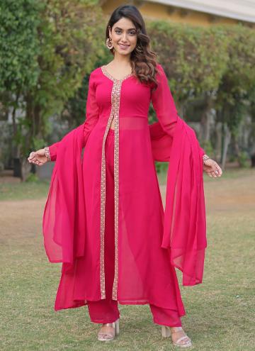Beautiful Hot Pink Faux Georgette Embroidered Desi