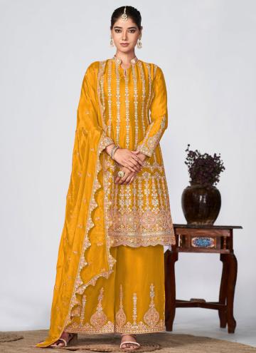 Beautiful Mustard Chinon Embroidered Salwar Suit for Ceremonial