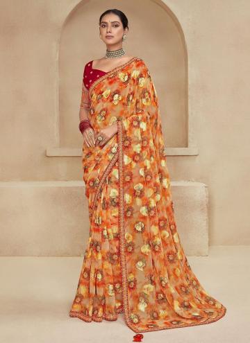 Beautiful Orange Chiffon Floral Print Classic Desi
