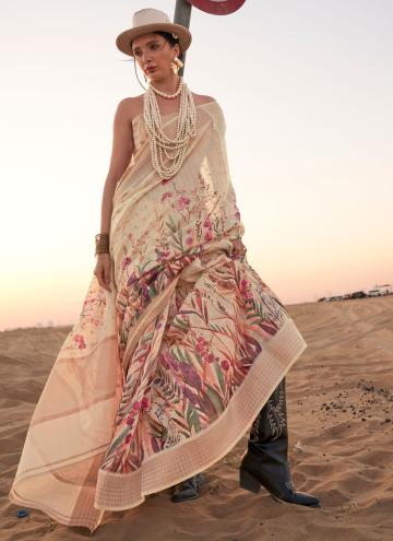 Beautiful Print Linen Cream Traditional Saree