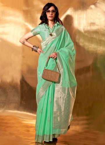 Beautiful Sea Green Cotton  Woven Classic Designer Saree