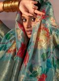 Beautiful Turquoise Silk Digital Print Trendy Saree - 1