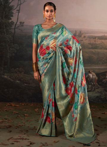 Beautiful Turquoise Silk Digital Print Trendy Saree
