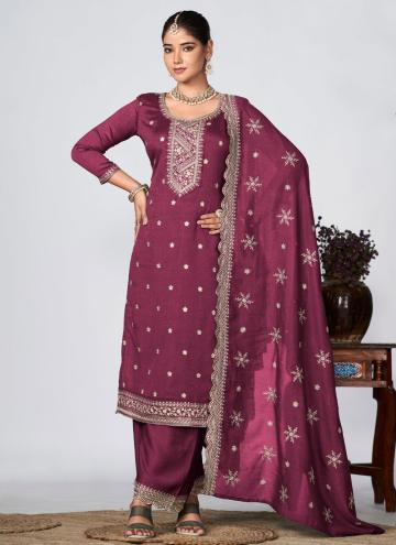 Beautiful Wine Vichitra Silk Embroidered Trendy Salwar Suit