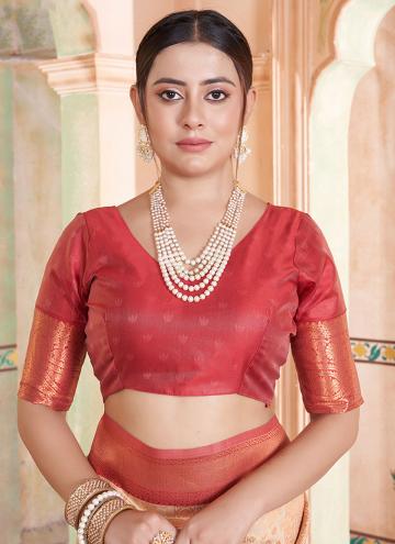 Beautiful Woven Kanjivaram Silk Cream and Orange Classic Designer Saree