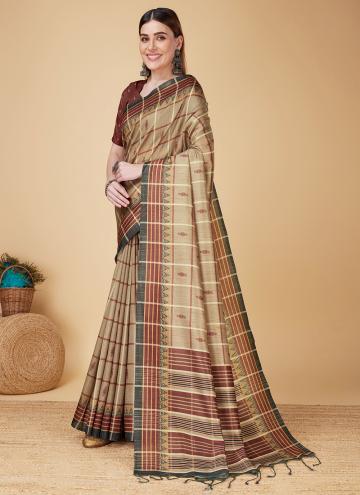 Beige and Brown color Cotton Silk Casual Saree with Woven