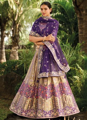 Beige and Purple color Embroidered Banarasi A Line Lehenga Choli