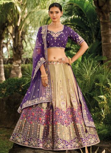 Beige and Purple color Embroidered Banarasi A Line