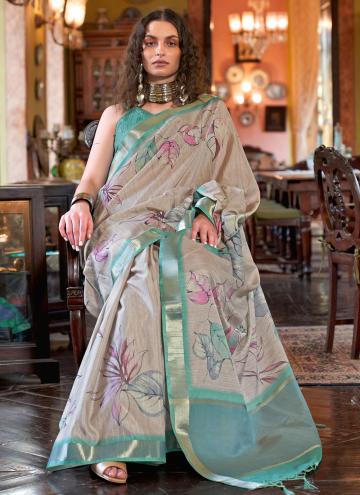 Beige and Turquoise Designer Saree in Banarasi with Digital Print