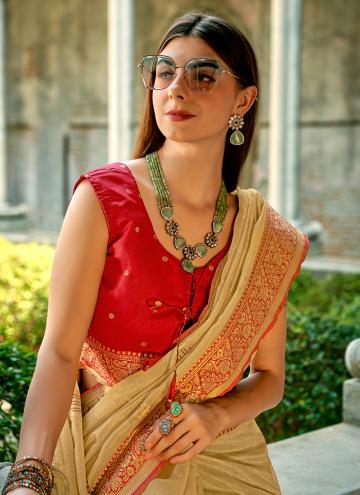 Beige color Woven Tussar Silk Contemporary Saree