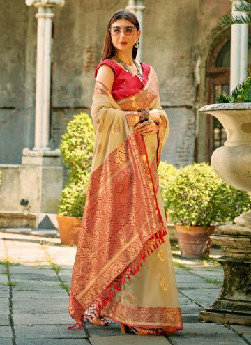 Beige color Woven Tussar Silk Contemporary Saree