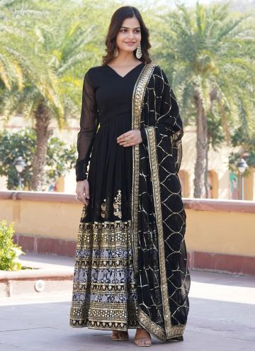 Black Faux Georgette Embroidered Gown for Ceremoni