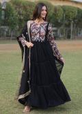 Black Faux Georgette Floral Print Gown for Ceremonial - 3