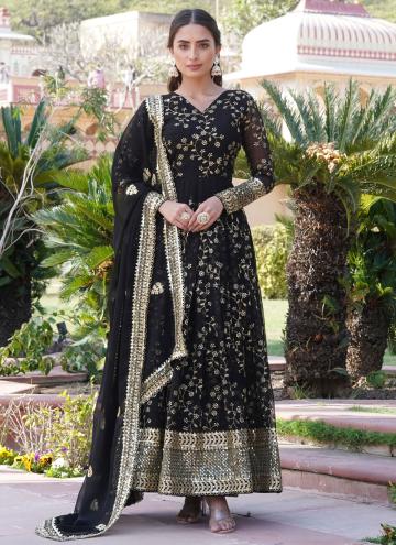 Black Gown in Faux Georgette with Embroidered