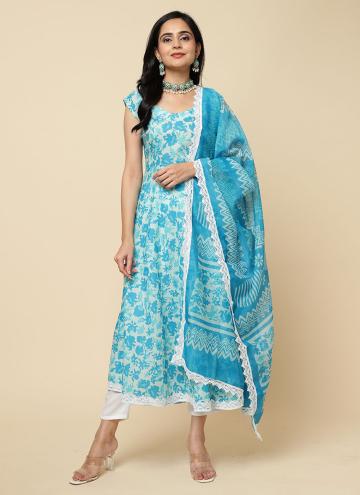 Blended Cotton Salwar Suit in Aqua Blue Enhanced with Floral Print