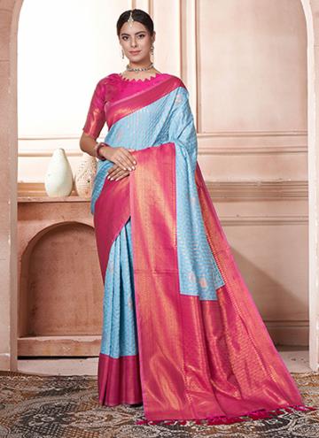 Blue and Pink Kanjivaram Silk Woven Classic Designer Saree for Ceremonial