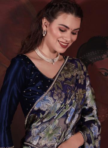 Blue Classic Designer Saree in Brasso with Diamond Work