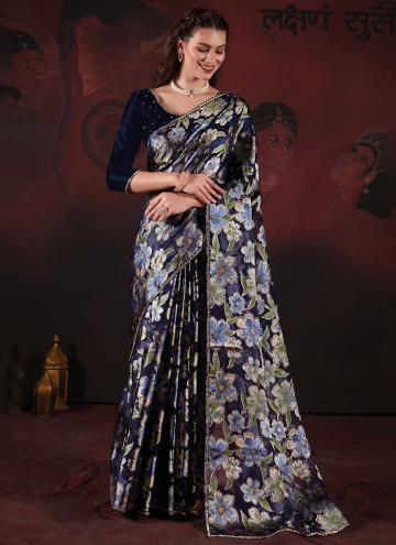 Blue Classic Designer Saree in Brasso with Diamond Work