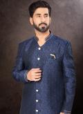 Blue color Embroidered Jacquard Indo Western - 1