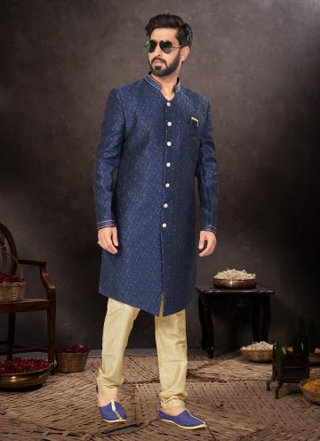 Blue color Embroidered Jacquard Indo Western