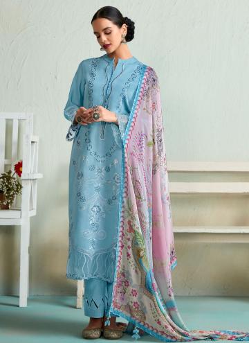 Blue color Embroidered Muslin Pant Style Suit