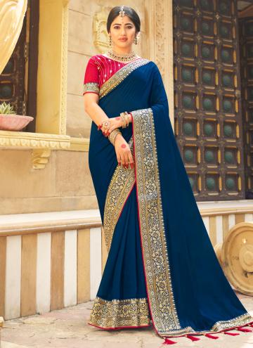 Blue color Embroidered Vichitra Silk Trendy Saree