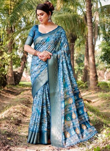 Blue color Printed Pure Silk Classic Designer Saree
