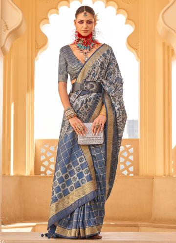 Blue color Printed Silk Classic Designer Saree