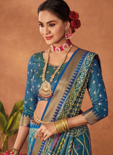 Blue color Printed Silk Designer Saree