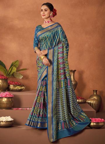Blue color Printed Silk Designer Saree