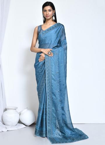 Blue color Satin Silk Contemporary Saree with Embroidered