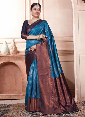 Blue Contemporary Saree in Kanjivaram Silk with Woven