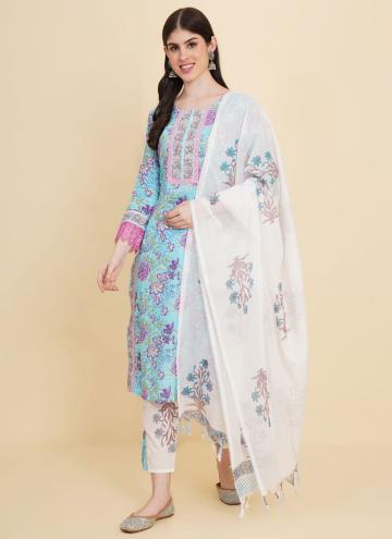 Blue Cotton  Floral Print Salwar Suit for Casual