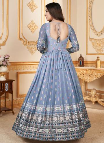 Blue Designer Gown in Faux Georgette with Foil Print
