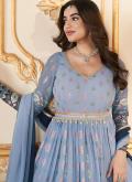 Blue Designer Gown in Faux Georgette with Foil Print - 4