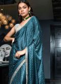 Blue Designer Saree in Satin with Floral Print - 1