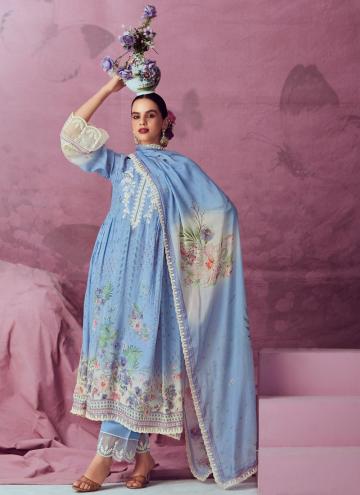 Blue Muslin Embroidered Trendy Salwar Suit