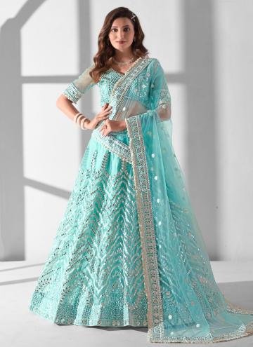 Blue Net Embroidered A Line Lehenga Choli for Engagement