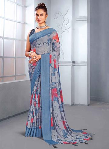 Blue Satin Silk Foil Print Designer Saree for Cere