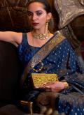 Blue Satin Silk Woven Trendy Saree - 1