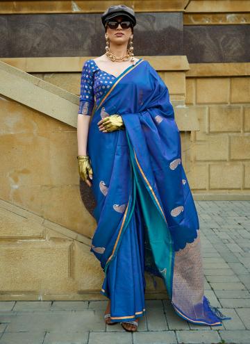 Blue Satin Woven Designer Saree for Ceremonial