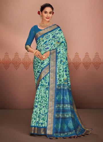 Blue Silk Printed Designer Saree for Ceremonial