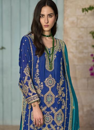 Blue Trendy Salwar Kameez in Chinon with Embroidered