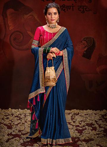Blue Vichitra Silk Sequins Work Trendy Saree