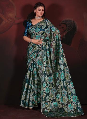 Brasso Contemporary Saree in Teal Enhanced with Diamond Work