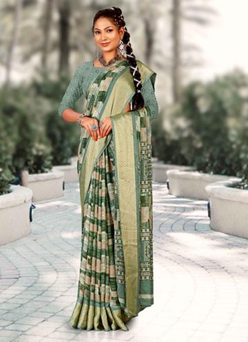 Brasso Designer Saree in Green Enhanced with Print