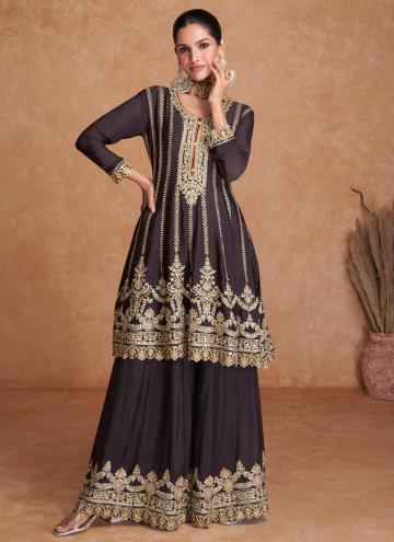 Brown Chinon Embroidered Salwar Suit